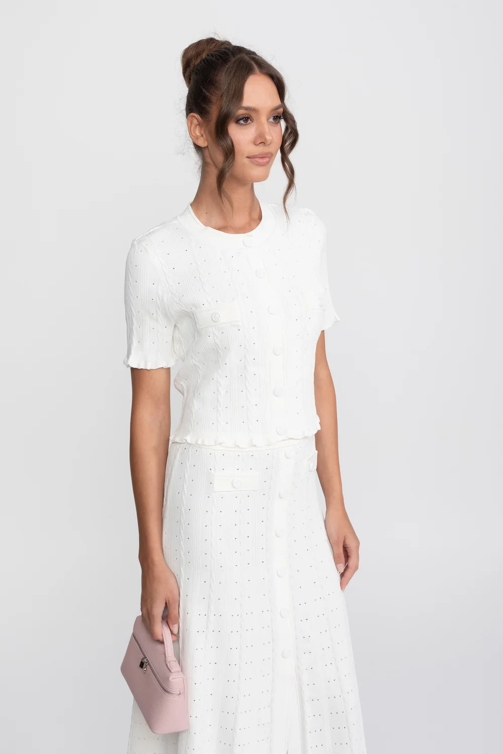 Conjunto Elegante em Tricot com Manga Curta e Saia