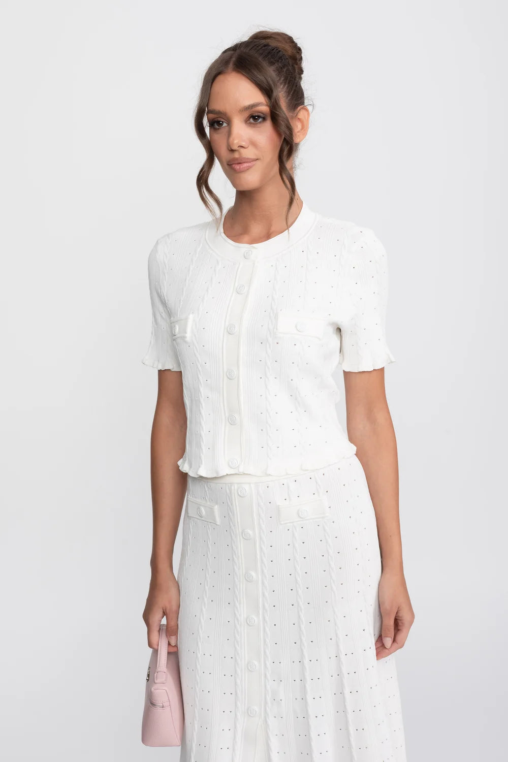 Conjunto Elegante em Tricot com Manga Curta e Saia