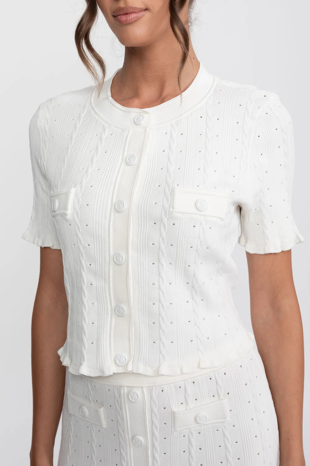 Conjunto Elegante em Tricot com Manga Curta e Saia