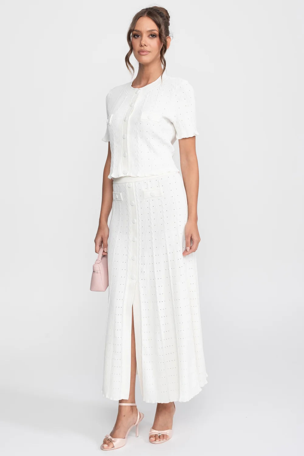 Conjunto Elegante em Tricot com Manga Curta e Saia