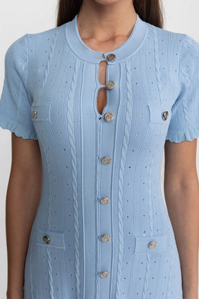 Vestido Azul Serenity em Tricô Vazado com Acabamento em Babados