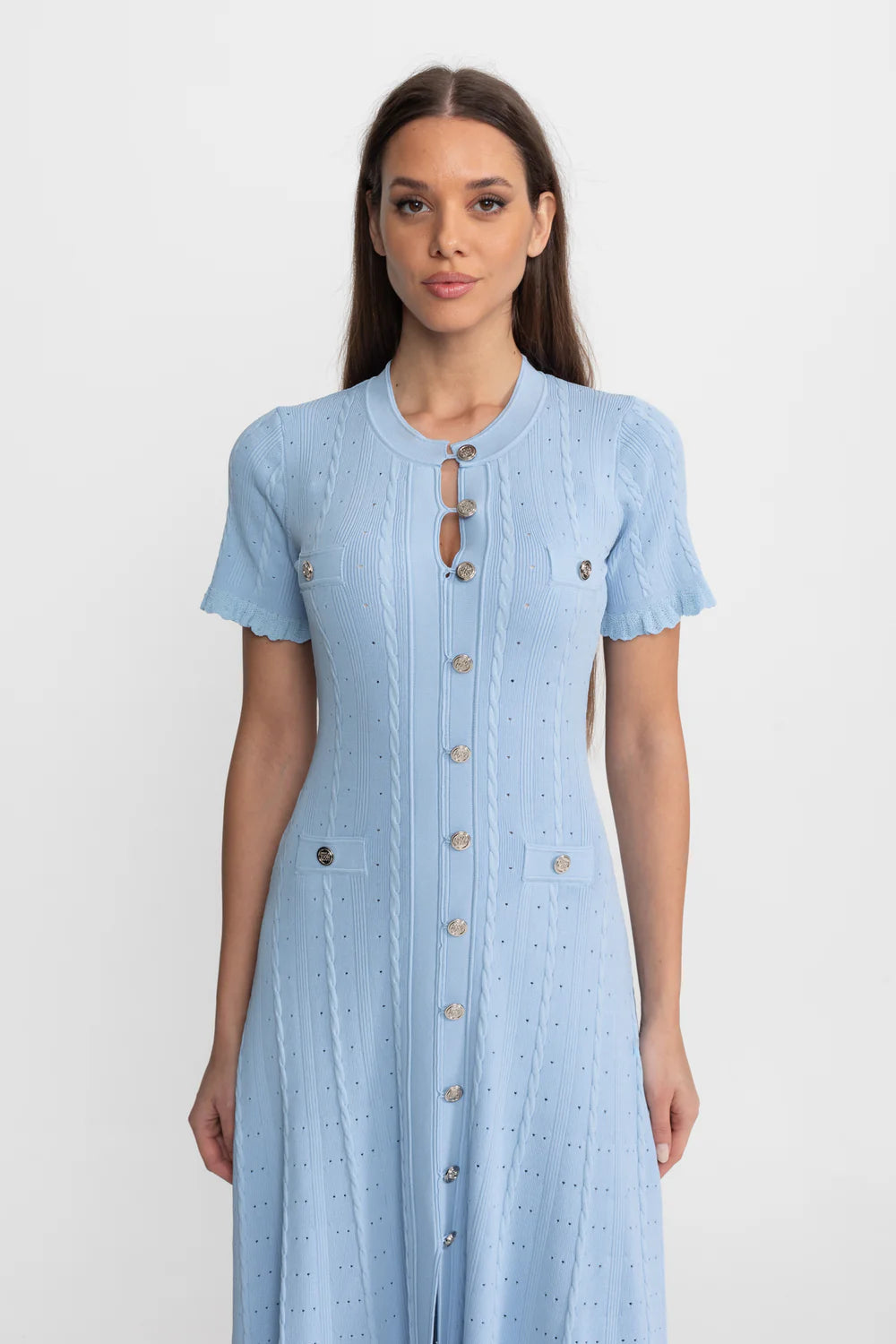 Vestido Azul Serenity em Tricô Vazado com Acabamento em Babados