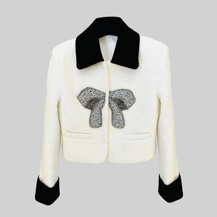 Blazer de Tweed Branco com Laço Metálico